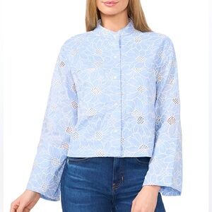 CeCe Floral-Embroidered Wide-Sleeve Shirt